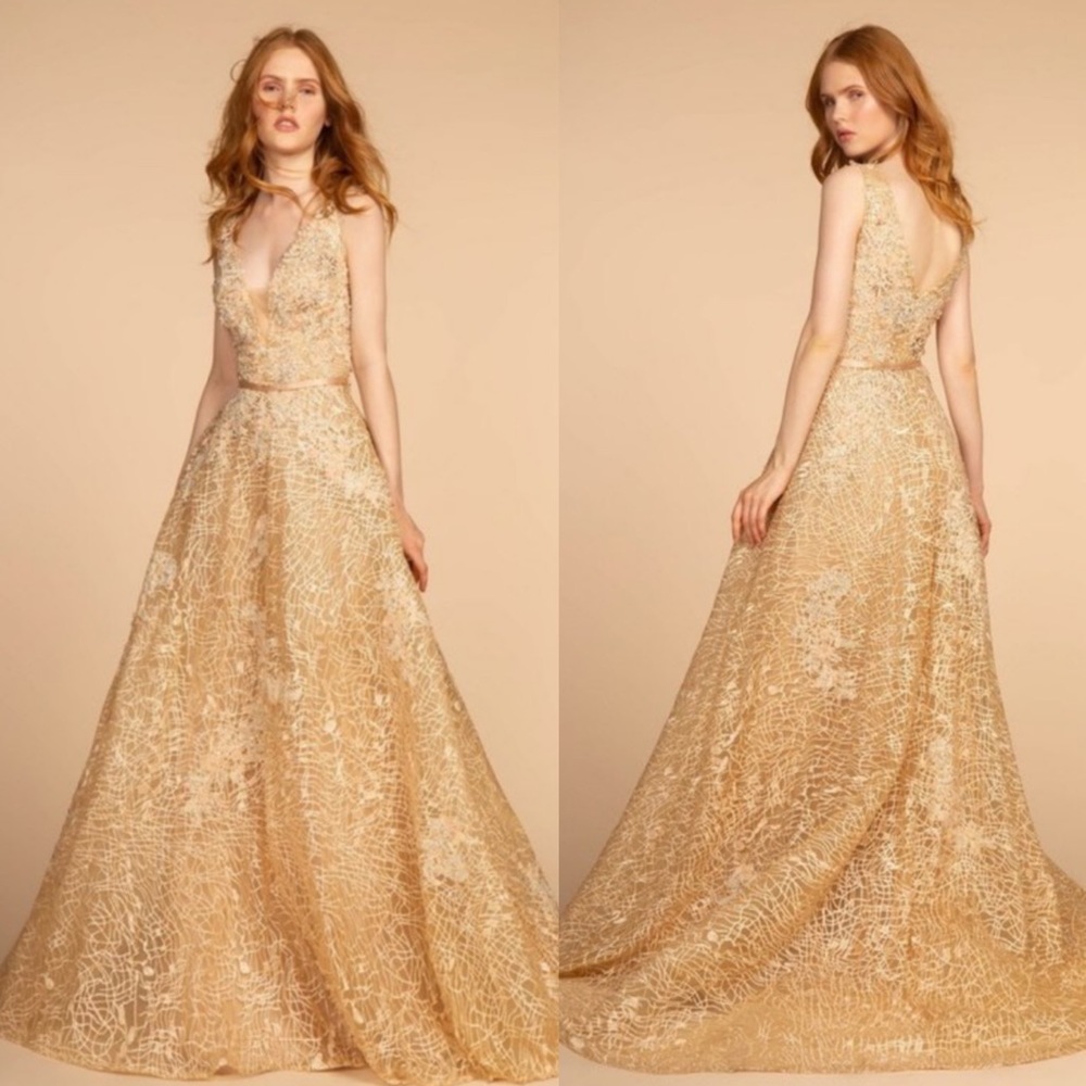 Champagne deep v-neck ballgown